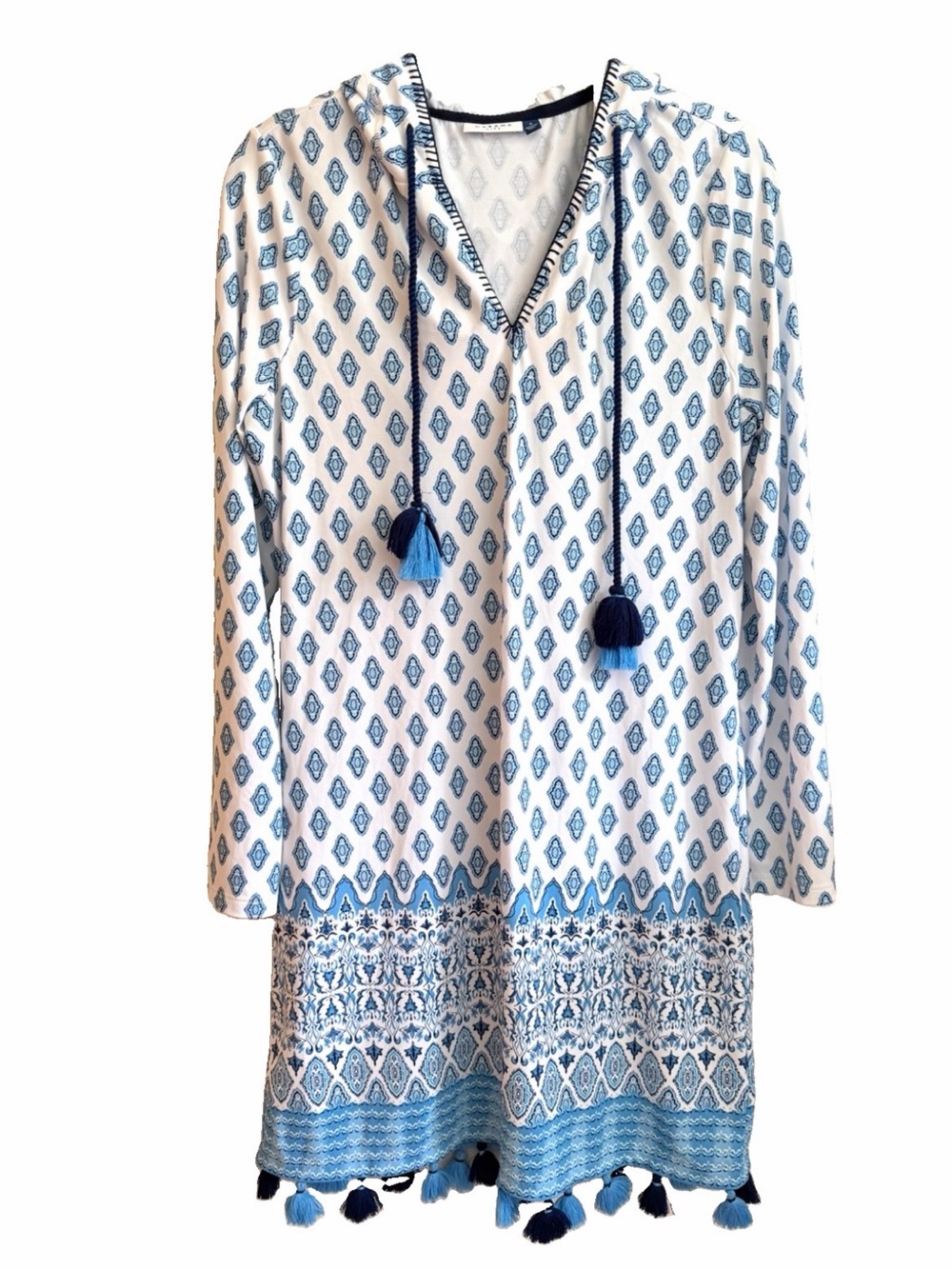 Cabana Life Hooded Coverluxe Coverup Dress Sz S Long Sleeve Printed Tassels Blue